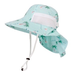 Kids quick-dry sun hat with neck flap and palm tree print in light mint blue color