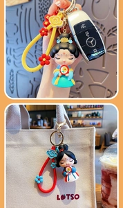 Detail of Tang Dynasty doll keychain with silicone wrist strap on bag and car key