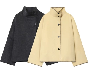 Detail showing wool texture and contrast stitching on charcoal and cream jackets