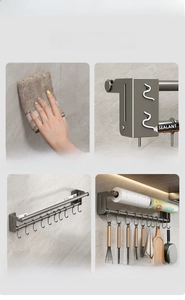 Detail showing nail-free installation steps for wall-mounted kitchen rack and hooks