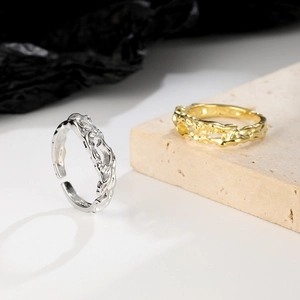 Lava texture adjustable open rings in silver and gold plated 925 sterling silver finish