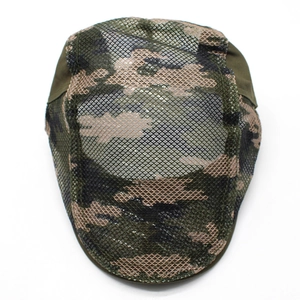 Detailed view of camouflage ivy cap featuring breathable mesh and forest camo pattern