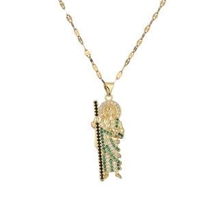 18K gold plated copper necklace with a detailed saint pendant and colorful zircon stones