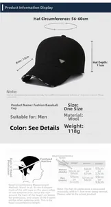 Size chart for men's winter earflap baseball cap with measurements and hat depth details