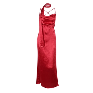 Elegant red satin midi dress with scarf neck and slim fit for chic formal evening wear