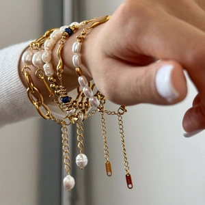 Layered gold stainless steel chain bracelet set with baroque pearls and blue beads for women