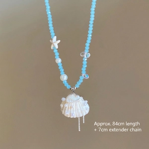 Blaue Perlenkette mit Seestern und Muschel-Anhänger, Sommerurlaub-Stil, 84cm Länge