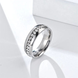 Polished silver stainless steel ring with full sparkling cubic zirconia inlay