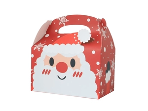 Detail of Christmas gift box featuring Santa Claus print and sturdy top handle