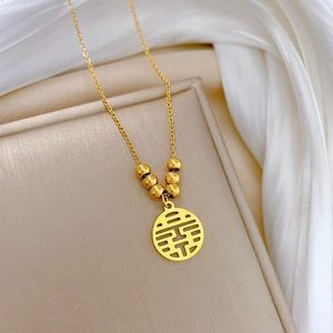Stainless Steel Double Happiness Pendant Necklace Round Beads Minimalist Choker For Women Korean Style Jewelry