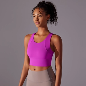 Detail of purple high-stretch yoga sports bra with wide straps and back support