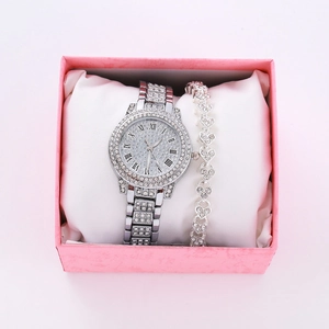 Silver rhinestone watch with Roman numerals and matching heart bracelet in a pink gift box
