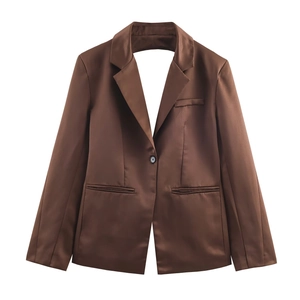 Blazer Pantalon Et Haut Tube En Satin Marron Chic Avec Découpe Au Dos Couleur Unie Élégant