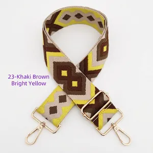 Detail of khaki and yellow geometric jacquard shoulder strap with gold lobster clasps