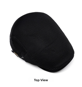 Detail view of breathable black mesh flat cap with adjustable side metal buckle