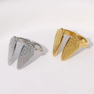 Angel Wing Open Ring Stainless Steel Adjustable Feather Texture Polished Jewelry For Women Personalized Style