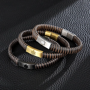 Lot de bracelets hip-hop pour homme en cuir tressé avec étoile en acier inoxydable et noir