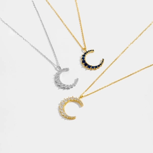 S925 sterling silver crescent moon pendant necklace with cubic zirconia pave settings