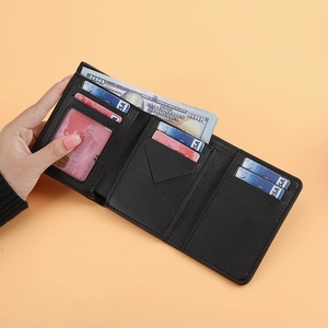 Black houndstitch long wallet for women with multi-card slots and tri-fold design