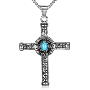Vintage cross necklace with blue turquoise inlay and hip hop style carved details