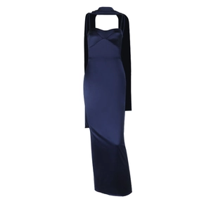 Close-up of sleek navy blue satin gown featuring glossy fabric and neck scarf detail