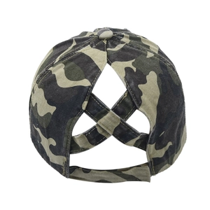 Close-up of camouflage ponytail baseball cap with elastic criss-cross back detail