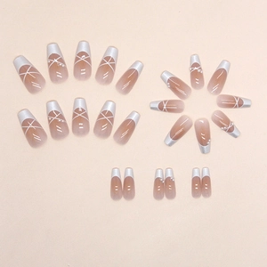 French tip coffin press-on nails in blush white with pearls and cross stripes