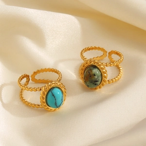 French retro open ring in gold with inlaid natural turquoise and turquoise stones