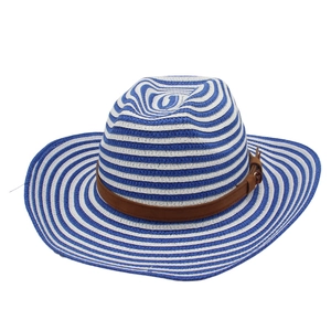Men's summer straw beach hat with blue-white stripes and brown leather band detail