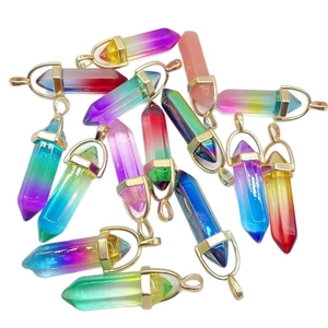 Rainbow gradient hexagonal crystal pillar pendants with gold-plated metal caps