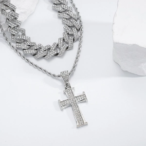 Men hip hop luxury silver double layered iced out cuban link and cross pendant necklace