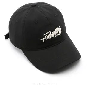 Detailed view of 3D white FUNENIENG embroidery on black cotton baseball cap fabric