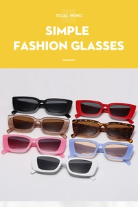 Detail showing seven colors of rectangular retro sunglasses with thick plastic frames