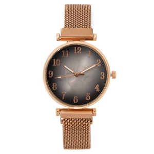 Elegant women's quartz watch with rose gold mesh strap and leaf pattern dial