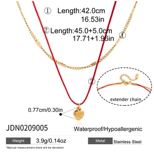 Collier double rang en acier inoxydable doré 18K avec pendentif cœur et cordon rouge