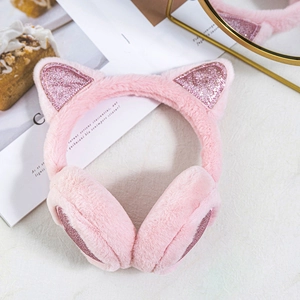 Close-up of pink plush earmuffs with cat ears featuring sparkly sequins for girls