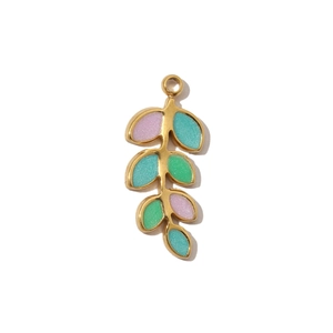 Close-up of leaf pendant with colorful glitter enamel and golden titanium steel detail