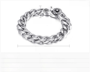Details zum 13mm Edelstahl-Panzerarmband mit Gänseblümchen-Verschluss und Abmessungen