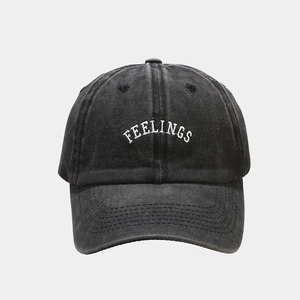 Vintage washed charcoal cotton baseball cap with Feelings embroidery on the front