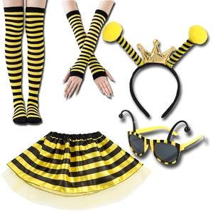 5-piece bee costume set with yellow black striped skirt, wings, headband and glasses