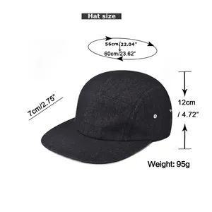 Size chart for black 5-panel denim baseball cap with head circumference measurements