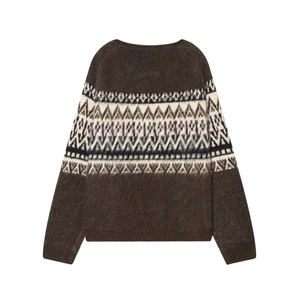 Brown knit sweater with white Fair Isle geometric patterns and fluffy mohair texture