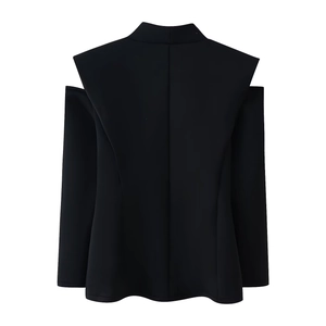Detail of black cut-out shoulder design on a slim-fit long-sleeved blazer jacket
