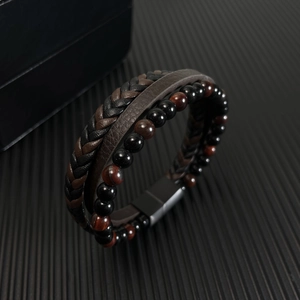 Men's multilayer leather bracelet with red tiger eye beads and black magnetic clasp