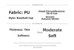 Size chart for PU leather baseball cap showing 56-61cm circumference for autumn and winter