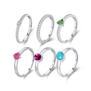 Set of 6 minimalist S925 sterling silver rings with colorful oval opal gemstones