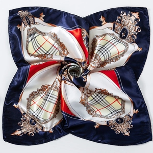 Navy blue and red 50x50cm satin square scarf with baroque patterns and check prints