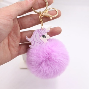 Purple unicorn pom pom keychain with gold ring and glitter acrylic charm for bags