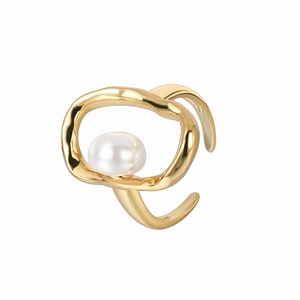 Adjustable gold open ring with irregular wave frame and large white pearl accent