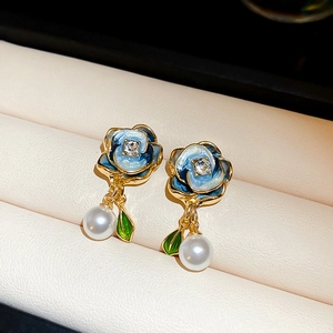 French style floral pearl earrings with blue enamel flower and gold leaf details